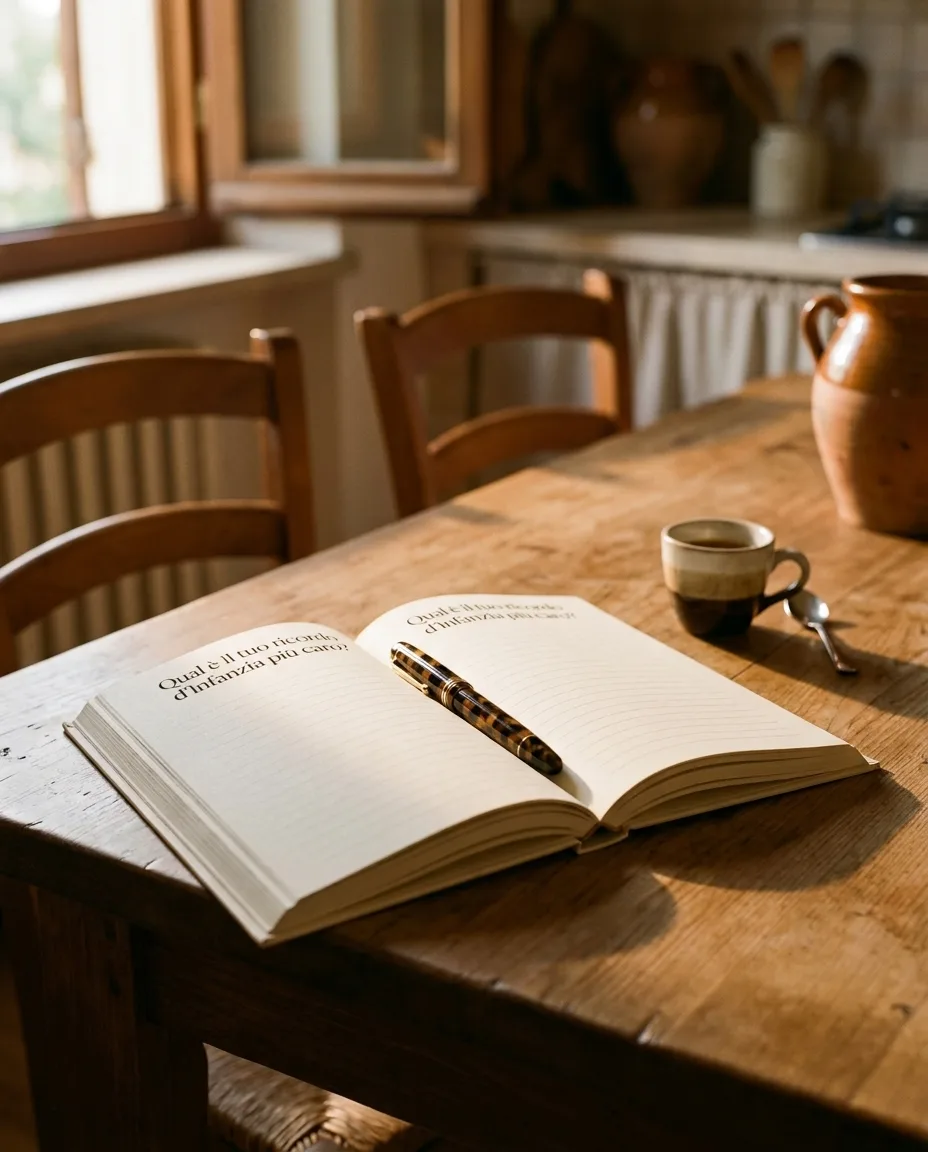 Il libro aperto sul tavolo di cucina, una penna stilografica appoggiata fra le pagine.