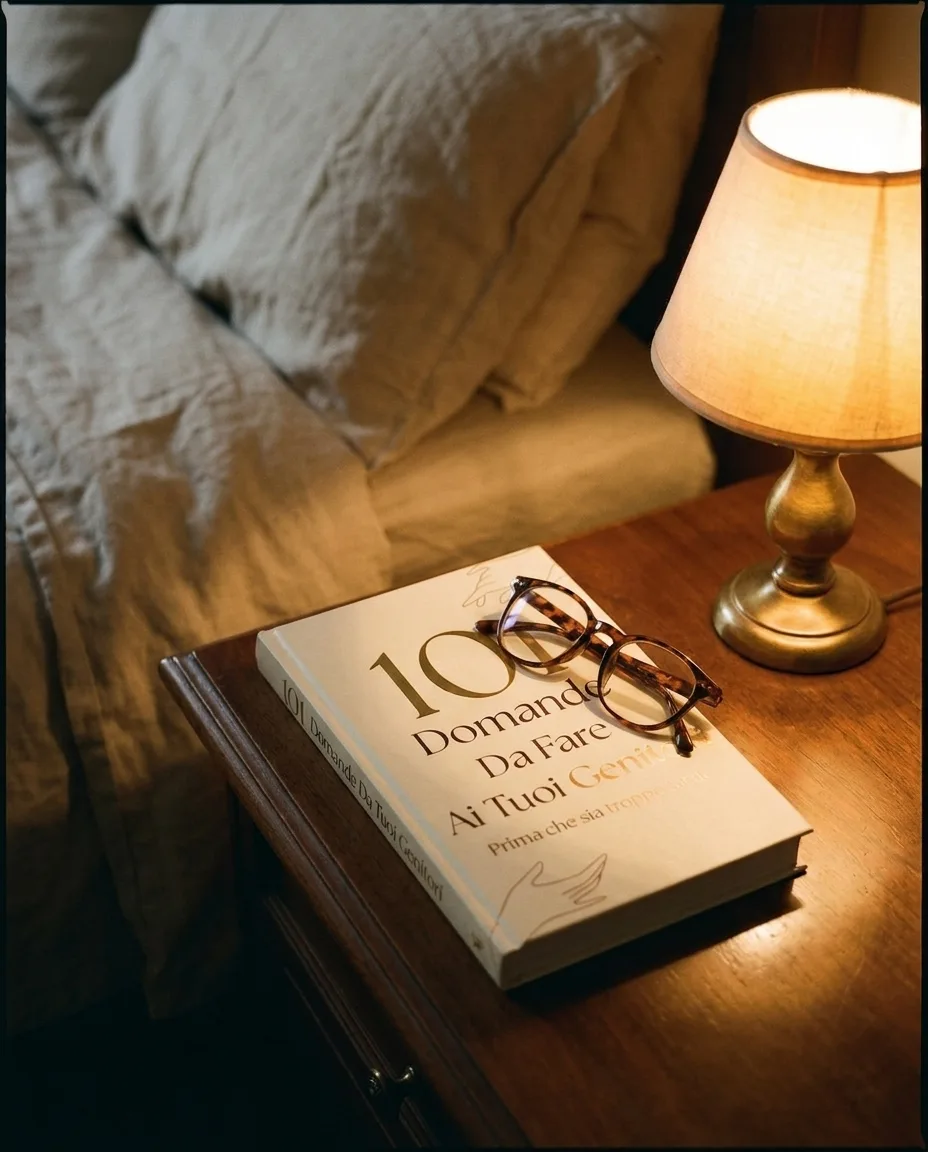 Il libro chiuso sul comodino, con gli occhiali da lettura sopra e la lampada accesa.