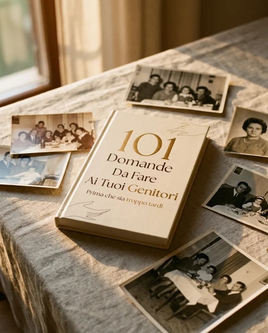 Il libro su una tovaglia chiara, circondato da vecchie fotografie di famiglia in bianco e nero.